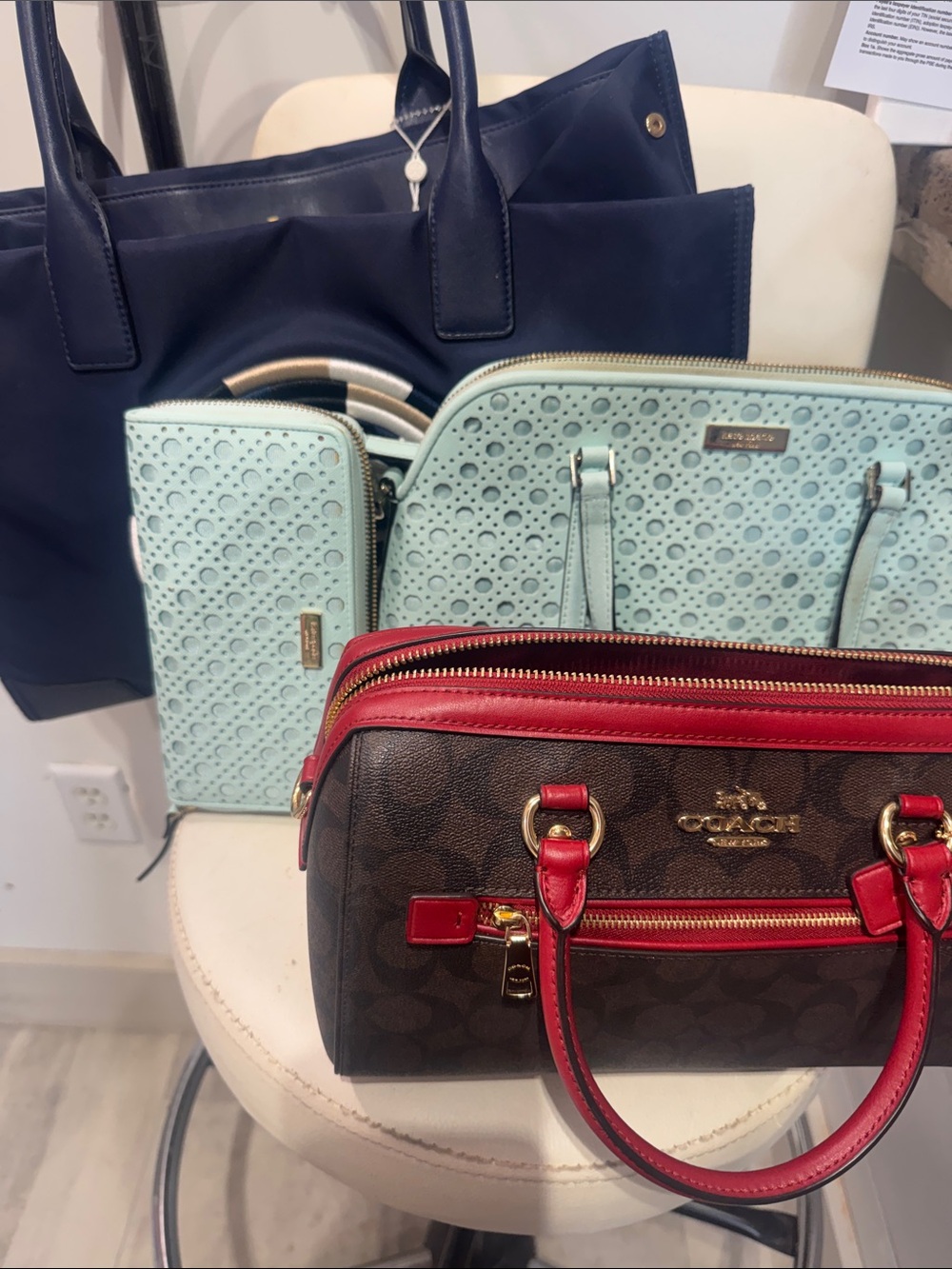 Coach Signature Mini Barrel Satchel in Brown with Red Trim